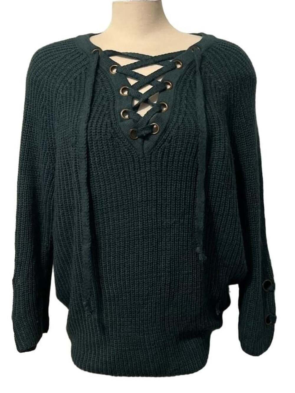 Miracle Lace-Up Sweater Size S/M Dark Green Cotton Blend